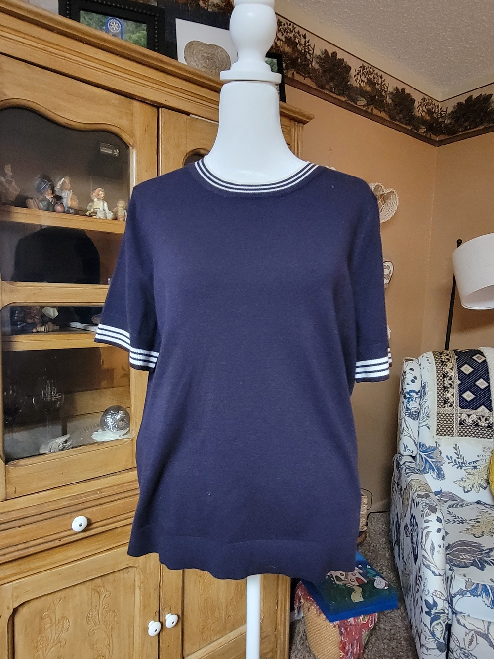 NWT Free Assembly Navy Varsity Stripe Soft Knit Sweater Top L